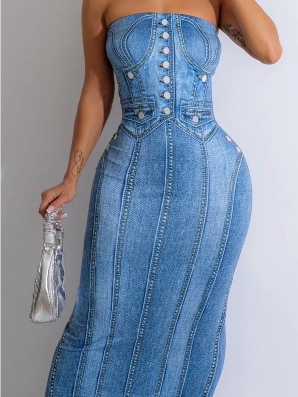 Strapless Denim look Corset Maxi Dress - Light Blue